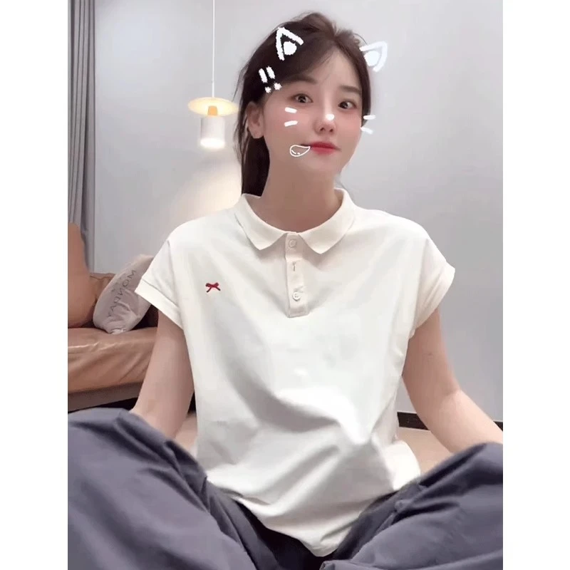 芯娇晴白色polo领短袖t恤女2025新款爆款夏时尚洋气独特别致上衣