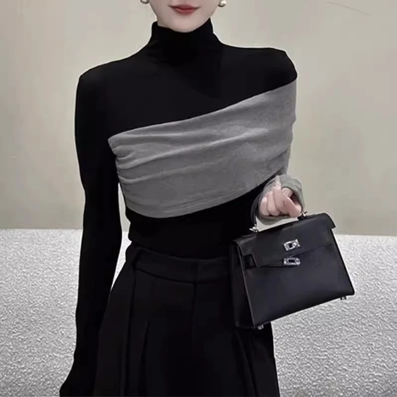 芯娇晴拼色半高领打底衫女春秋2025新款加绒加厚内搭长袖T恤上衣