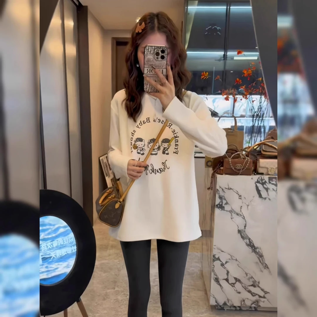 芯娇晴白色长袖t恤打底衫女2025新款春秋内搭洋气宽松中长款上衣