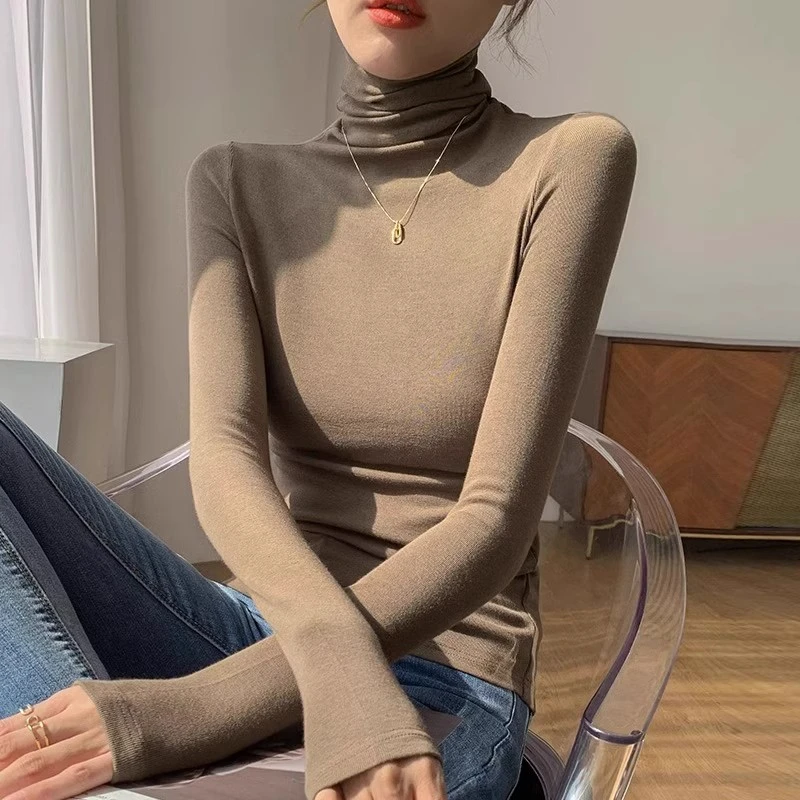 芯娇晴高领打底衫女春秋季加绒加厚长袖t恤堆堆领针织衫内搭上衣