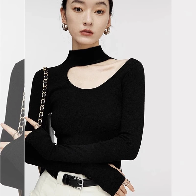 芯娇晴黑色半高领打底衫女春秋内搭针织衫挂脖毛衣法式露肩上衣