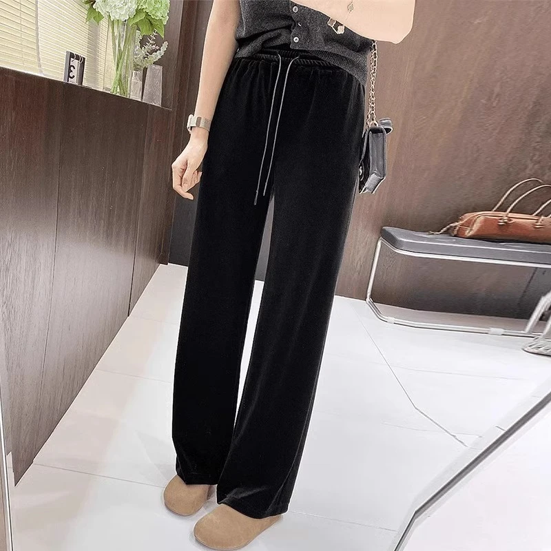 芯娇晴黑色金丝绒阔腿裤女2025春秋新款高腰垂感直筒窄版休闲裤子