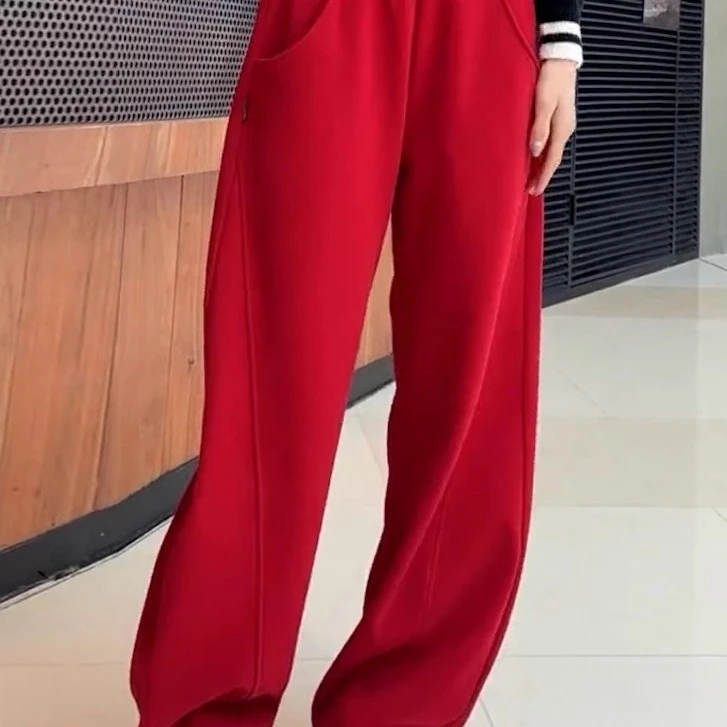 芯娇晴高腰卫裤女红色2025春秋新款宽松阔腿休闲镰刀裤加绒香蕉裤