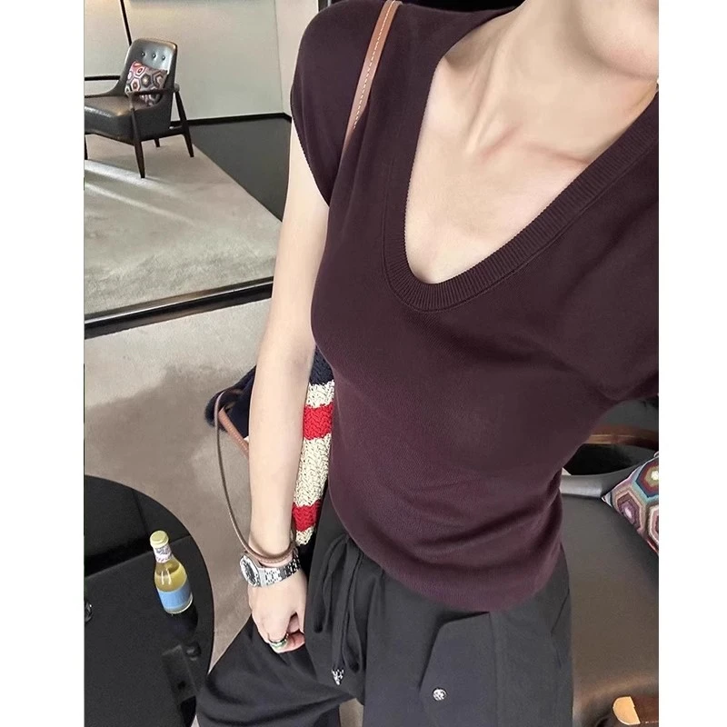 芯娇晴紫色u领针织短袖t恤女夏季2025新款修身冰丝正肩小飞袖上衣