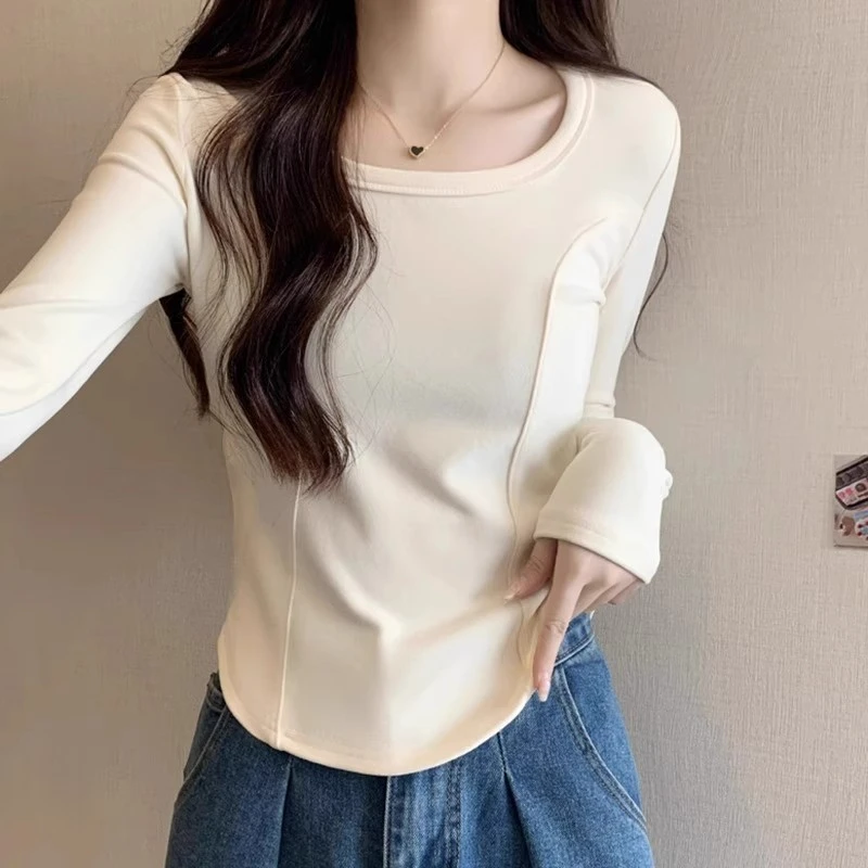 芯娇晴德绒U领短款打底衫女春秋加厚内搭义乌鱼骨长袖T恤卡腰上衣