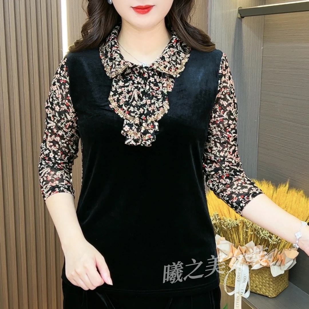 新款时尚洋气休闲百搭金丝绒和网纱拼接长袖上衣G2363