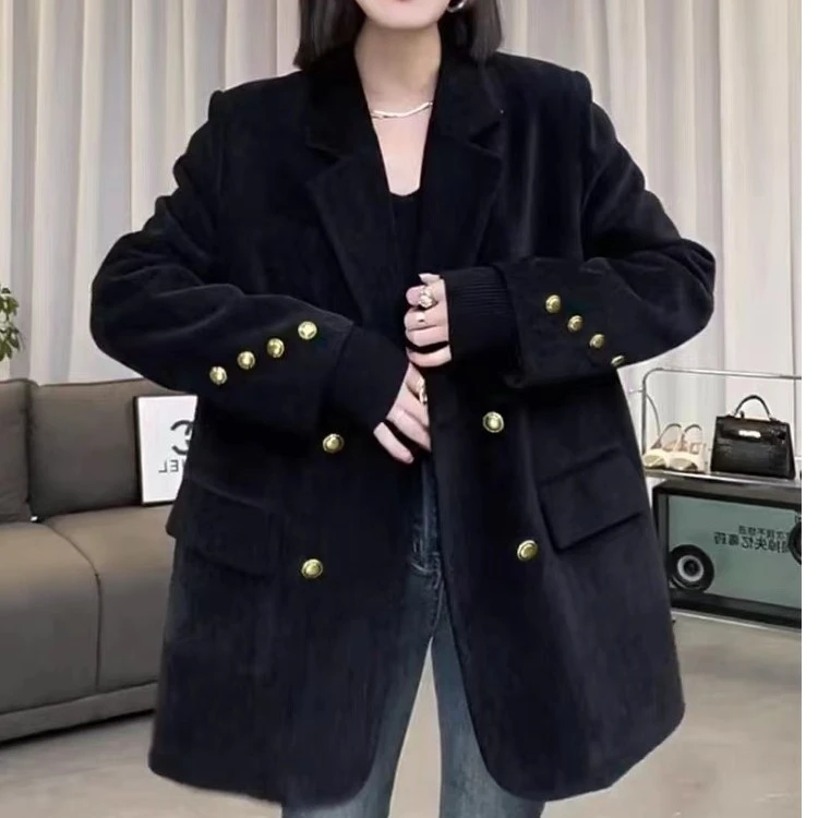 2023秋冬新款毛呢西装外套女夹棉加厚高级感双排扣呢子上衣23559