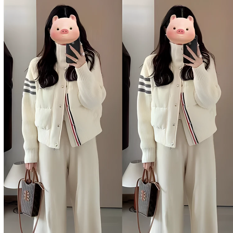 2024TB新款针织袖拼接三道杠羽绒服时尚百搭小个子小个子宽松版