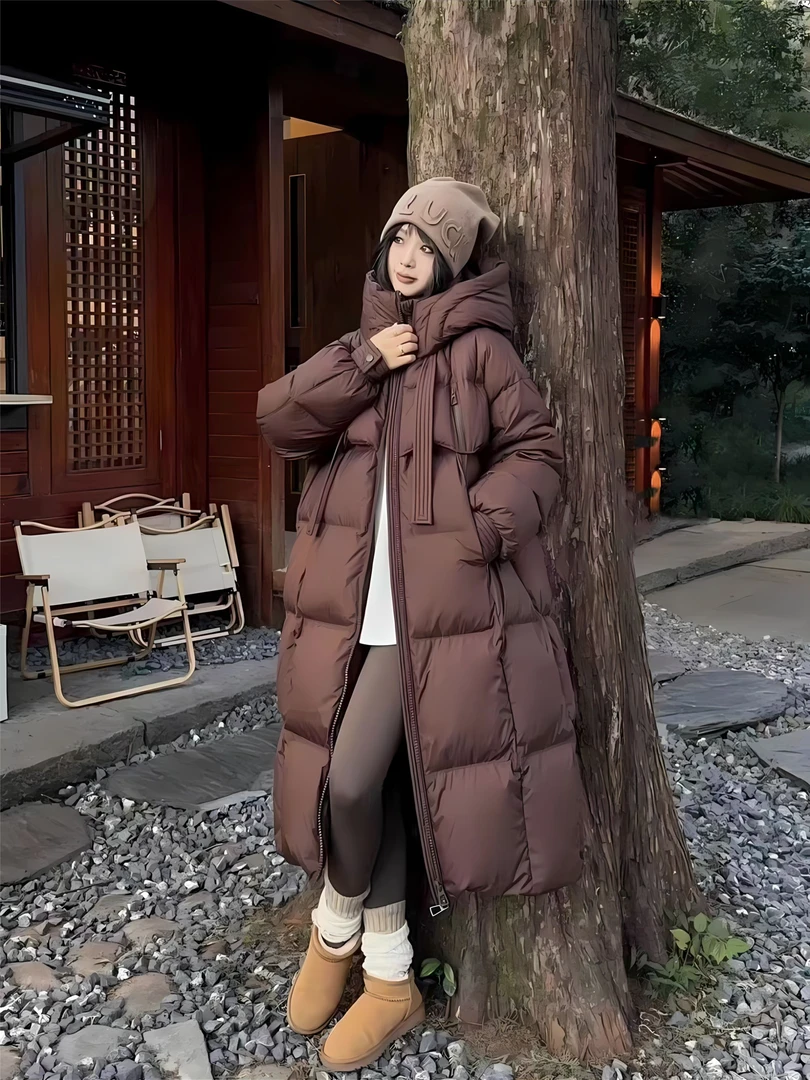 TZ【国标鸭绒】飘带长款2024新款秋冬防寒保暖过膝连帽宽松加厚大码