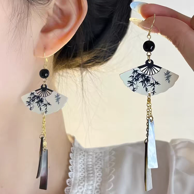 925银针新中式复古国风扇形流苏耳环气质耳饰轻奢小众高级感