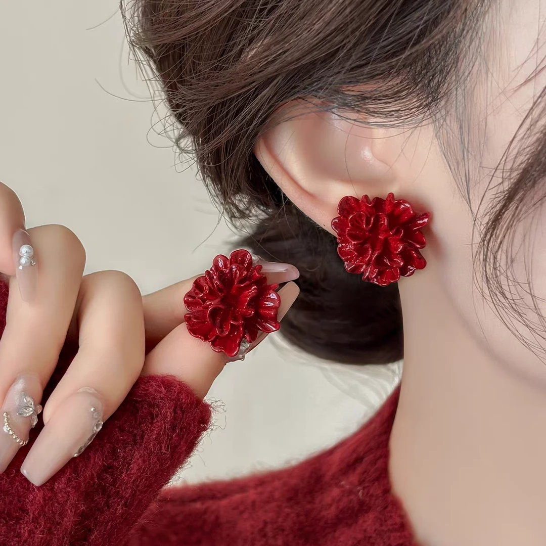 安可拉红色花朵耳钉女轻奢时尚气质耳环2025新款爆款小众甜美耳饰