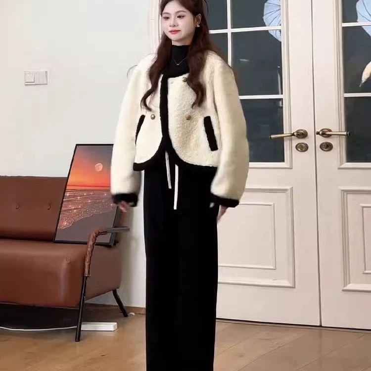 秋冬搭配一整套小香风羊羔毛外套女时尚洋气减龄显瘦遮肉两件套装