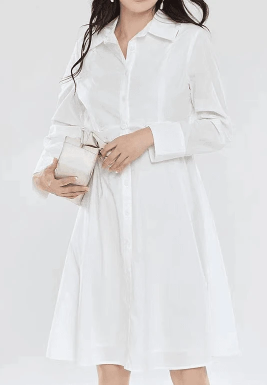 气质长袖白色时尚百搭中长款翻领春夏女装衬衫连衣裙
