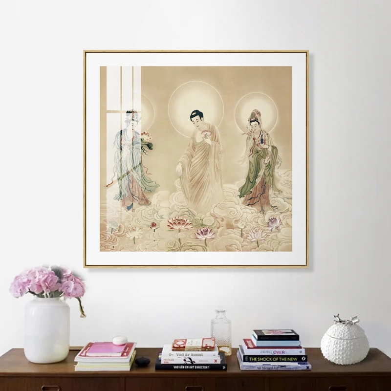 西方三圣装饰画观音佛像挂画供奉佛堂客厅装饰画观音文珠菩萨像