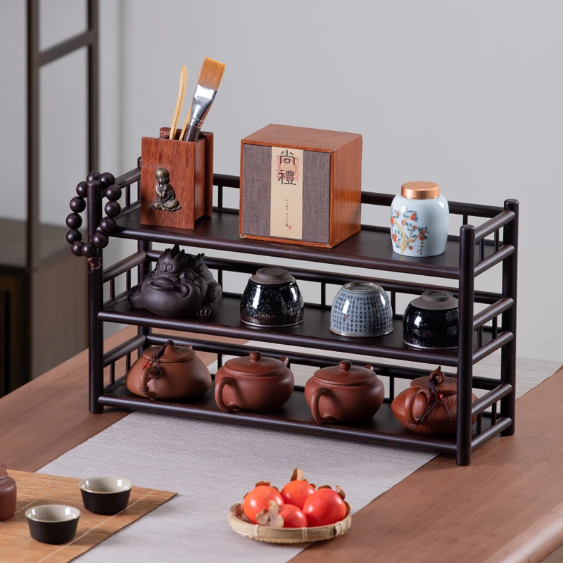 三层茶杯架紫砂壶架桌面上小型置物架博古架茶壶架楠竹储物架子