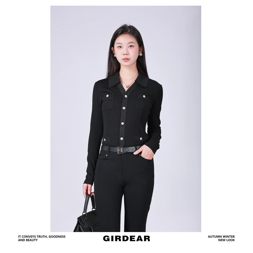 GIRDEAR/哥弟1300952 24K年翻领收腰单排扣小香风职场长袖衬衫