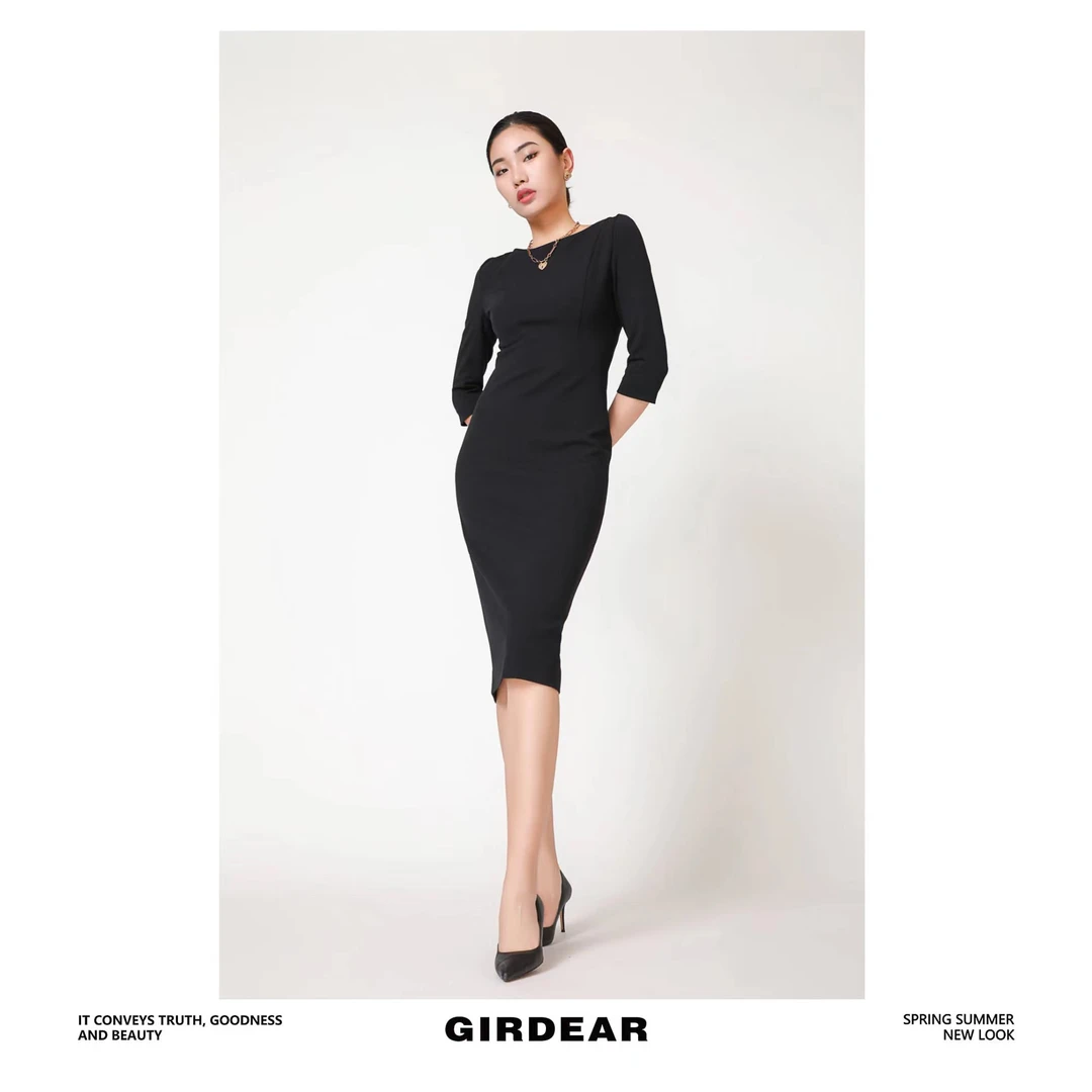 GIRDEAR/哥弟经典暗黑新款通勤显瘦简约修身中袖小黑裙 1500284