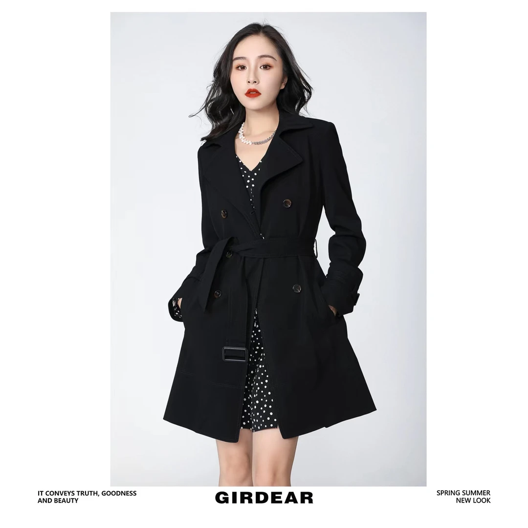 GIRDEAR/哥弟 1400276 经典百搭老钱风翻领双排扣中长款系带风衣