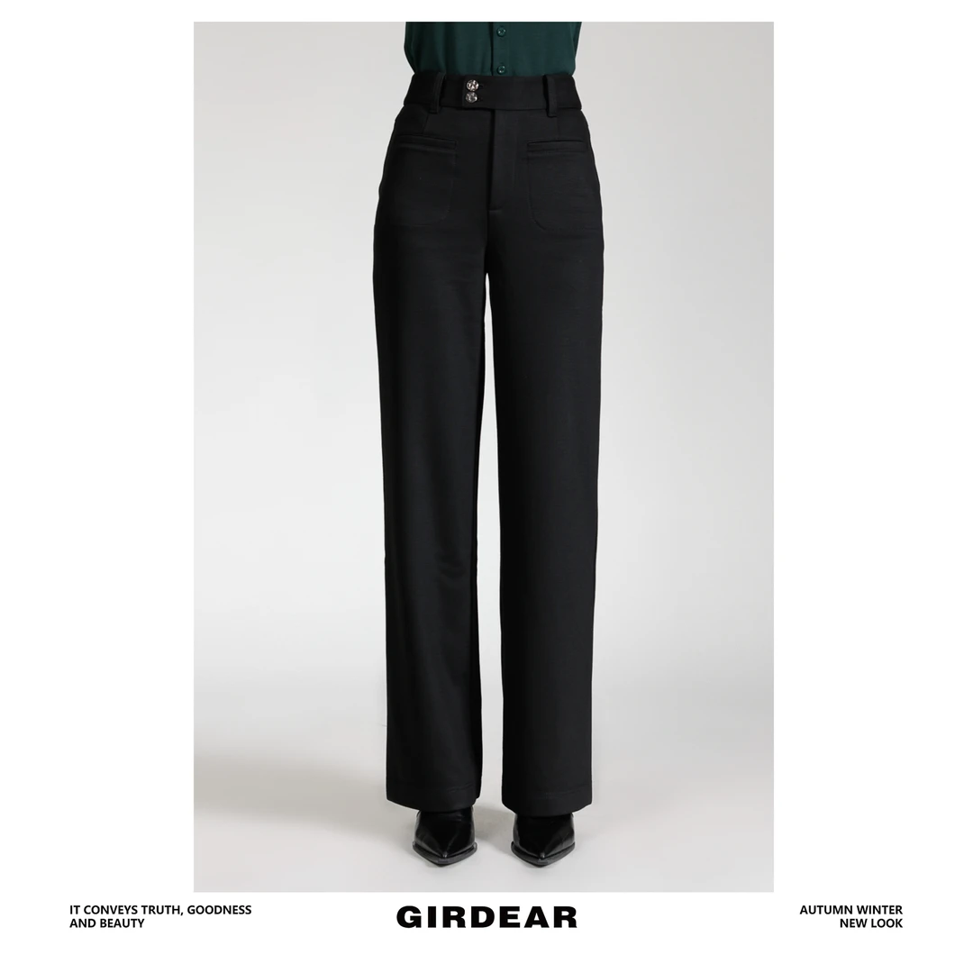 GIRDEAR/哥弟品质女装秋冬通勤简约高腰两粒扣植绒直筒裤1100469