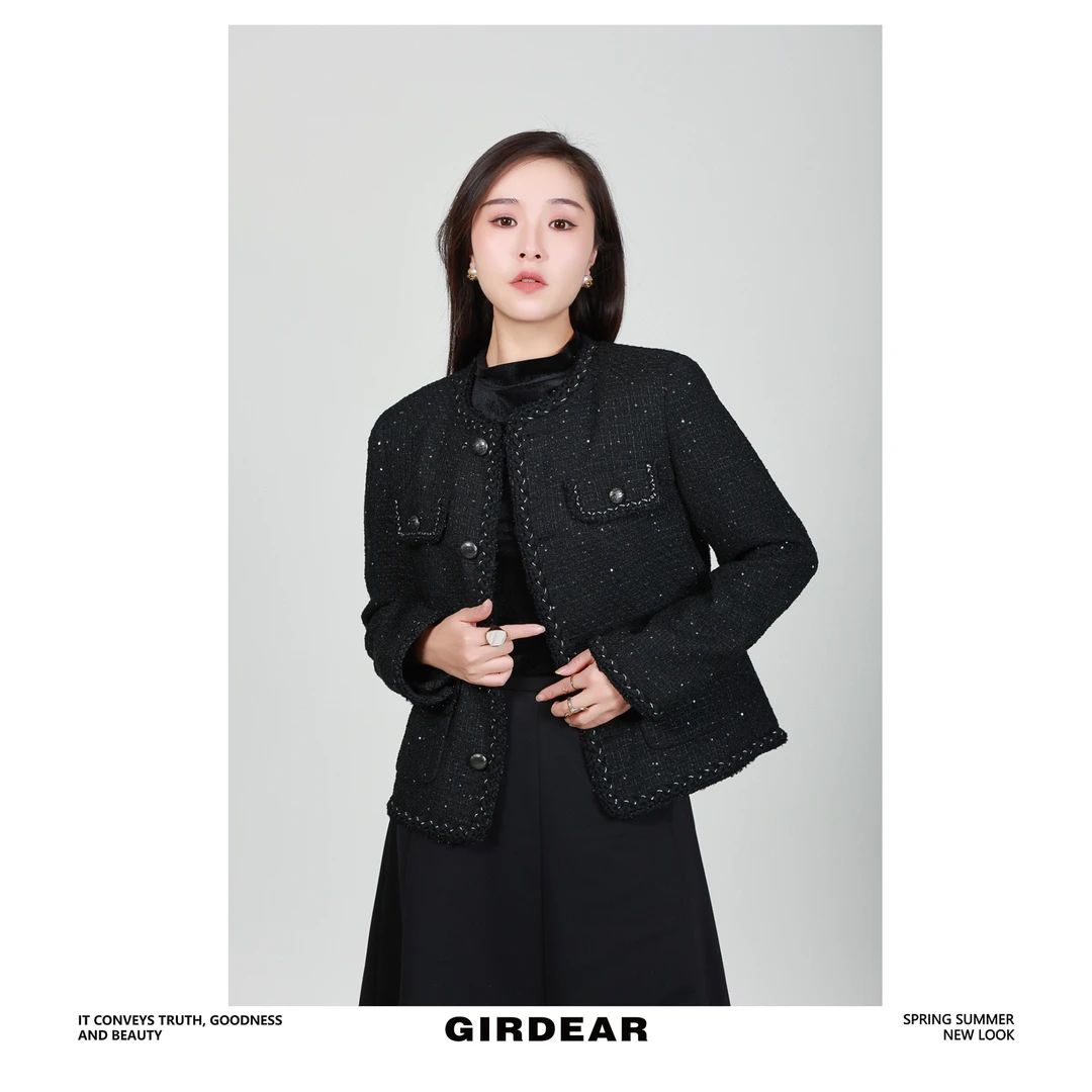 GIRDEAR/哥弟 1400642 薄荷曼波千金风圆领单排扣粗花呢小香外套