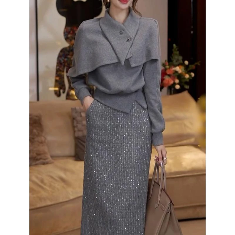 时尚洋气裙套装2024秋冬新款设计感轻奢百搭纯色长袖上衣+半身裙