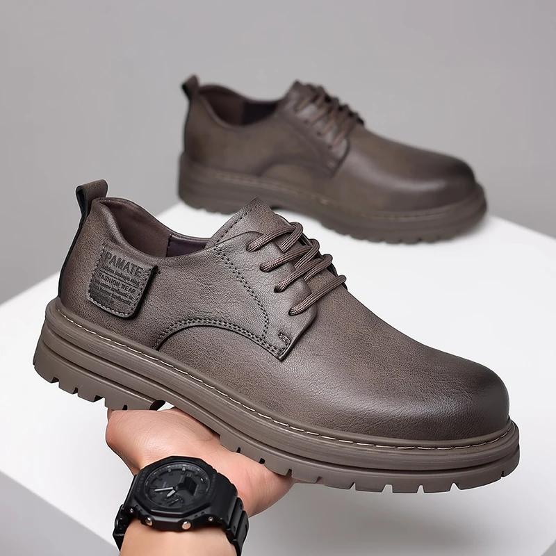 2023秋冬新款休闲皮鞋时尚男士复古休闲皮鞋百搭透气潮鞋秋季厚底