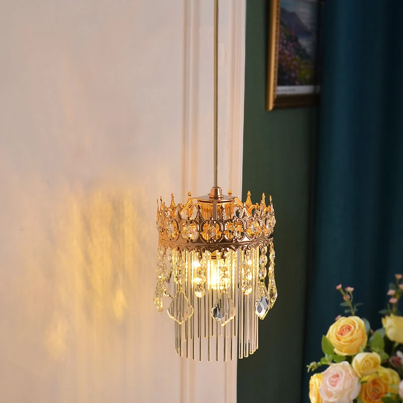 卧室床头吊线水晶灯欧式吧台小吊灯新款法式皇冠吊灯玄关背景墙灯