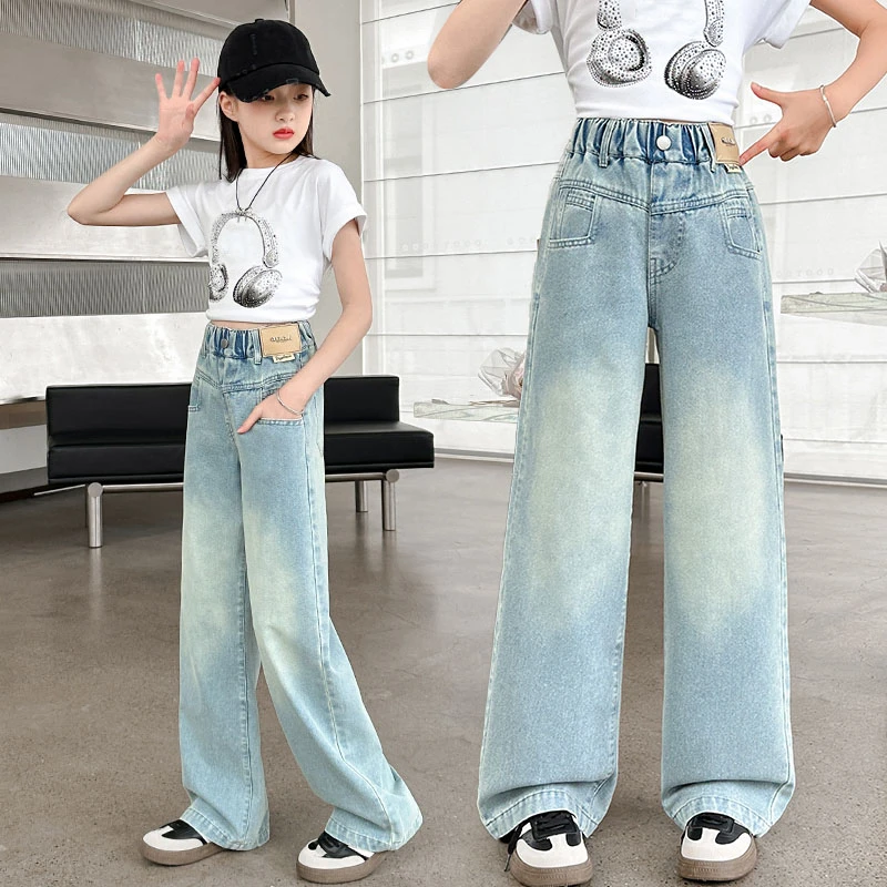 女童牛仔裤夏季2024新款儿童防蚊裤直筒阔腿裤女大童夏装薄款裤子