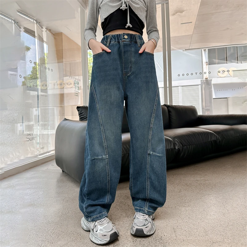 女童牛仔裤春秋款2024新款洋气时髦儿童秋装女孩秋季弯刀裤中大童