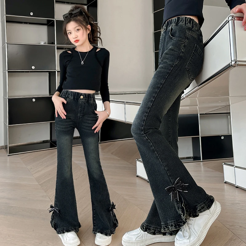 女童牛仔喇叭裤秋装2024新款儿童裤子秋季女孩洋气大童弹力开叉裤