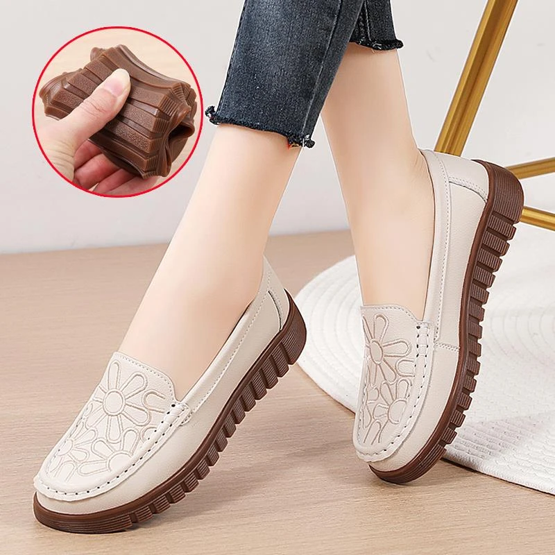 真皮牛筋底豆豆鞋女2025年春季软底休闲舒适厚底妈妈鞋平底单鞋子