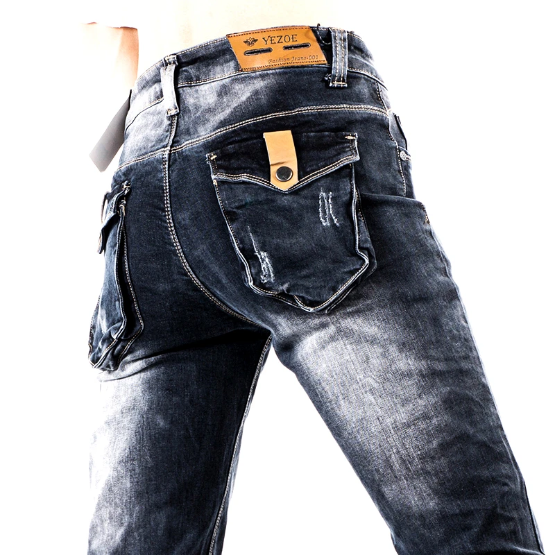 Yezoe/英佐立体后袋男士牛仔裤男款修身小直筒弹力潮牌裤子男士秋
