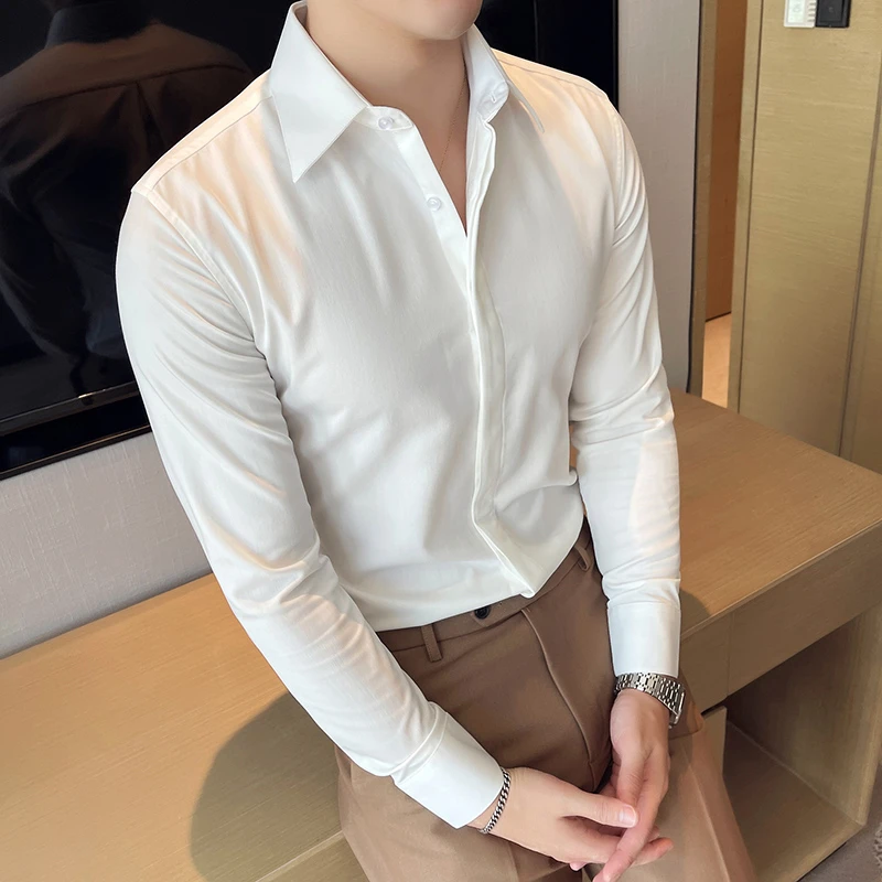 2024春季新款 英伦暗门襟修身尖领长袖衬衫男潮流帅气商务型男