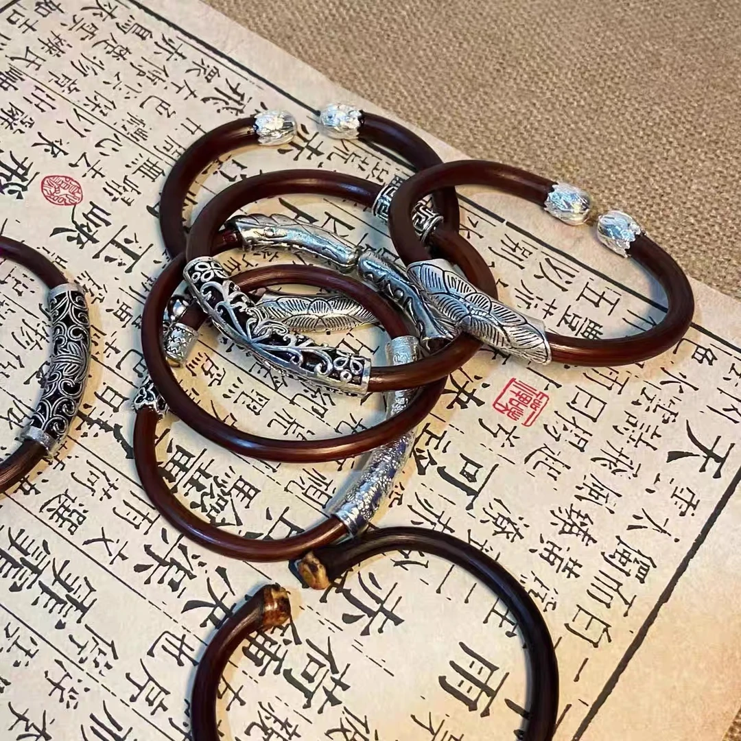 合金木质手镯 主播推荐  西藏鸡血藤根雕藏银手镯饰品