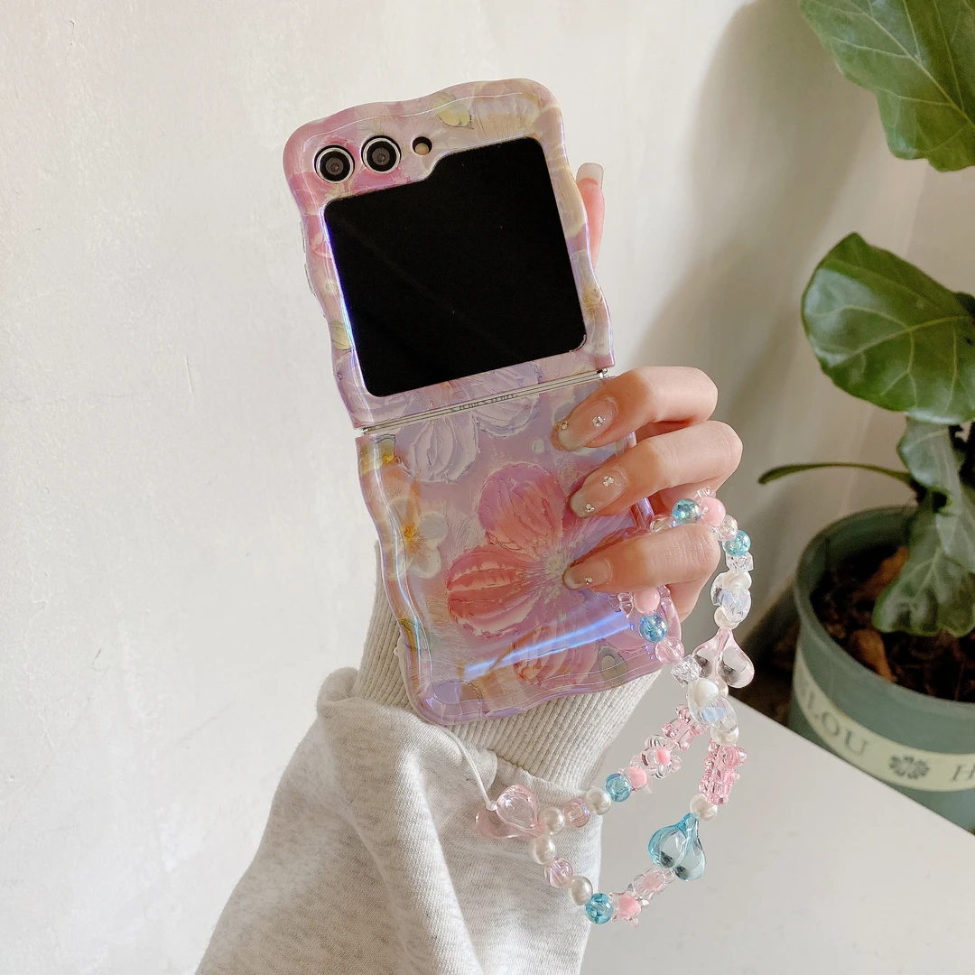 小清新蓝光碎花适用三星zflip5手机壳zflip4/3折叠屏手链软翻盖壳