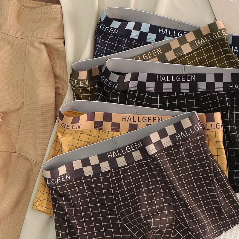 格子控必备~复古纯棉舒适男士内裤秋冬纯色中腰男生平角宽松不勒