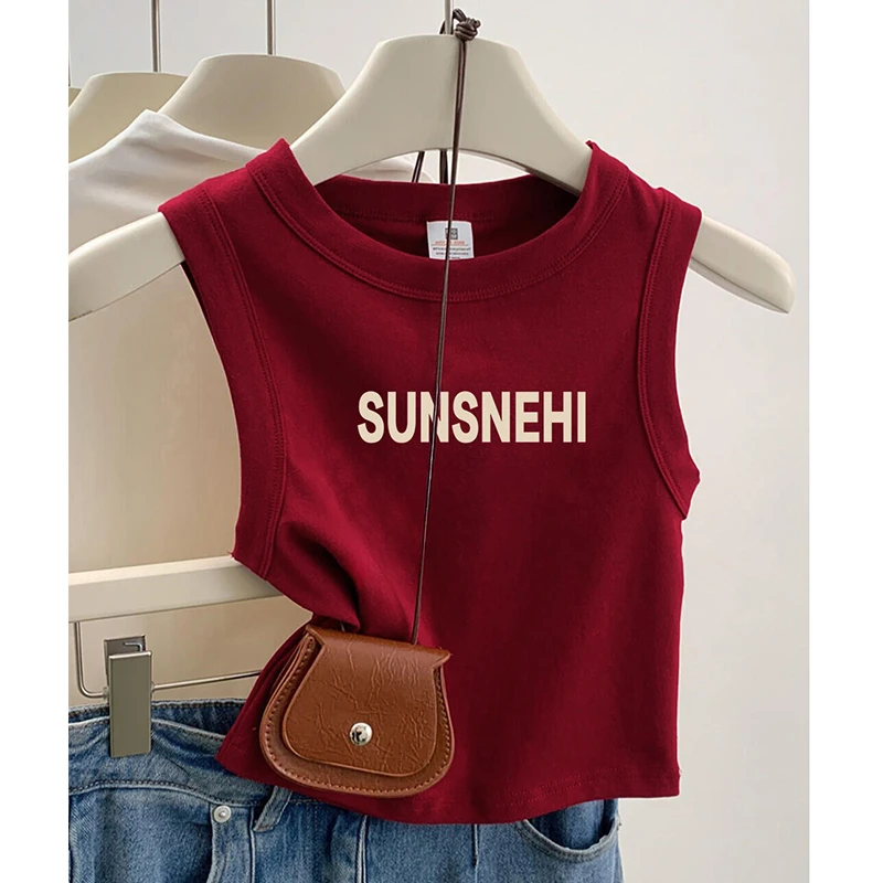 酒红色短款正肩背心t恤女夏季外穿吊带内搭打底衫小个子无袖上衣