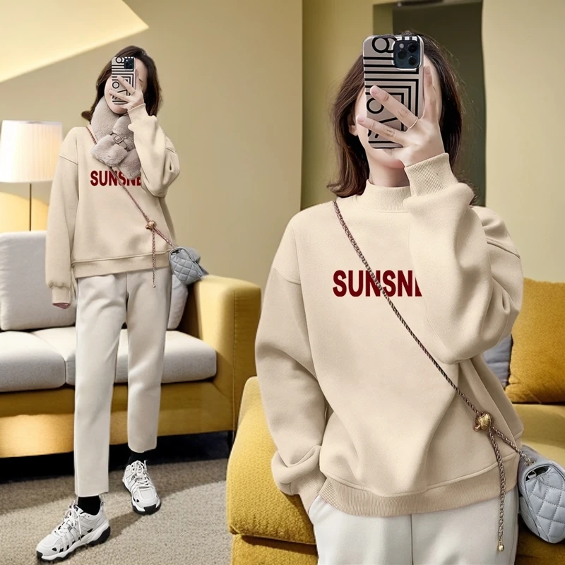 杏色保暖卫衣女2024新款爆款秋冬季半高领加绒加厚打底衫上衣外套