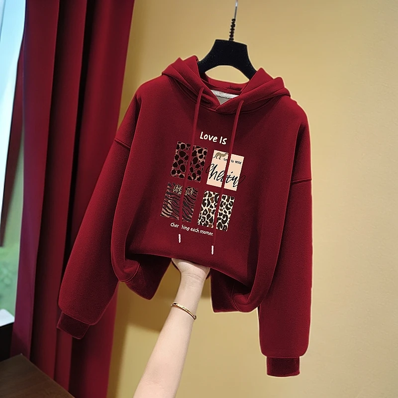 即墨休闲连帽卫衣女2024新款爆款秋冬加绒宽松慵懒风加厚长袖上衣