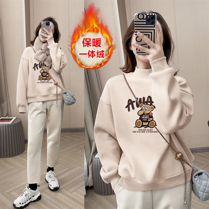 女士加绒卫衣女冬款2025新款爆款韩版时尚百搭半高领打底上衣外套