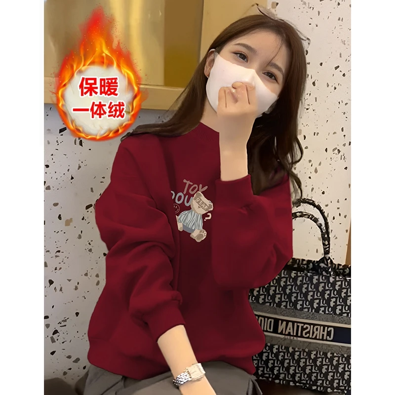 红色半高领保暖卫衣女2024新款爆款秋冬季加绒打底衫时尚宽松上衣