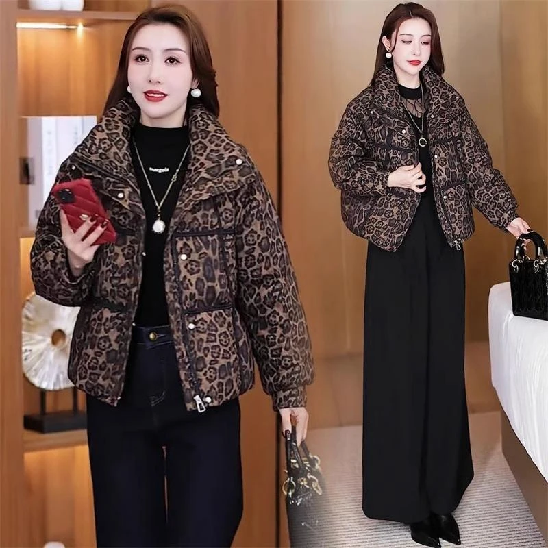 豹纹加厚棉服女2024年冬天新款百搭洋气短款棉袄时尚保暖棉衣外套