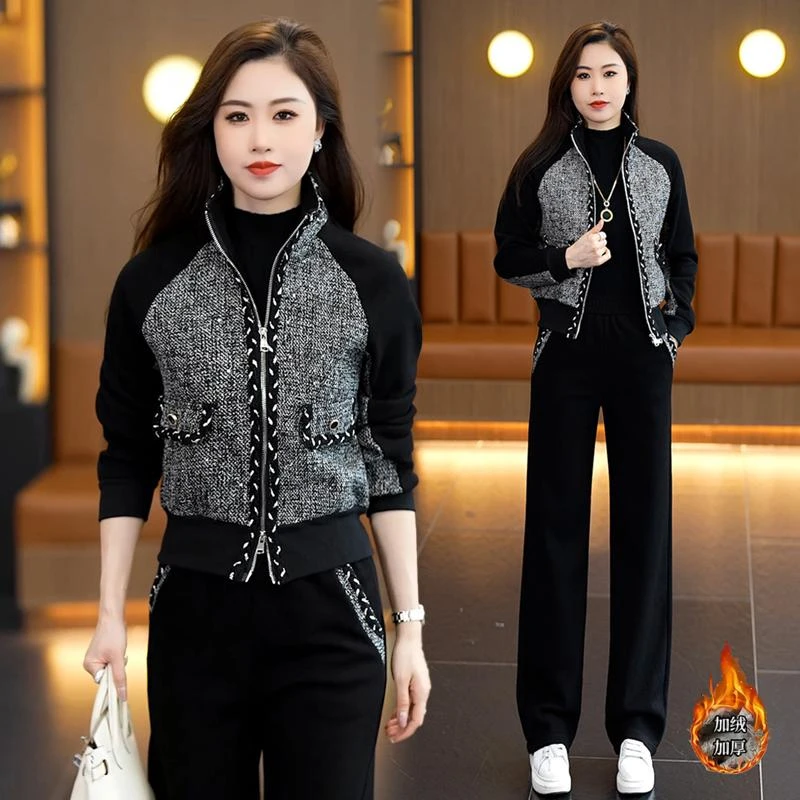 加绒加厚时尚休闲套装女冬季新款洋气显瘦立领开衫阔腿裤两件套潮