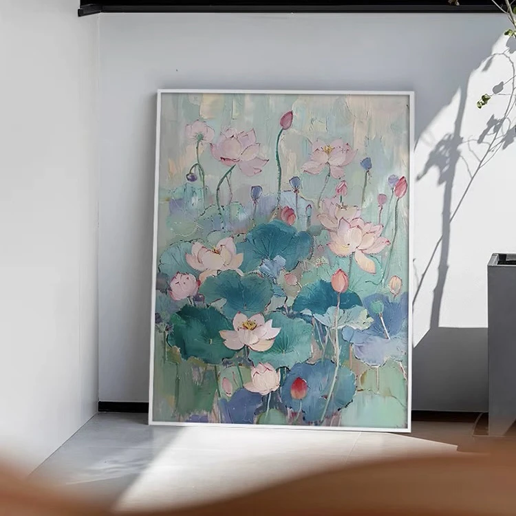 油画小哥莲娇纯手绘油画挂画抽象画客厅高级感荷花艺术