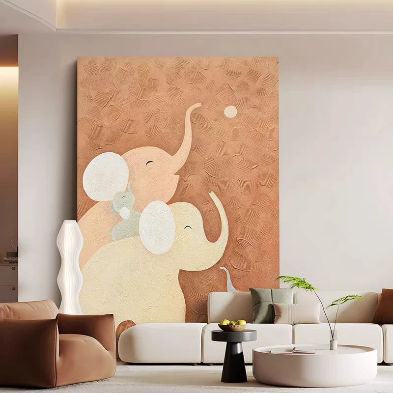 油画小哥《幸福吉象》手绘油画轻奢客厅装饰画简约温馨大象画