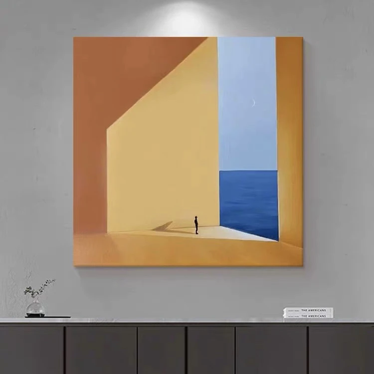 油画小哥莫兰迪色大海建筑风景抽象小众艺术油画玄关走廊壁挂画