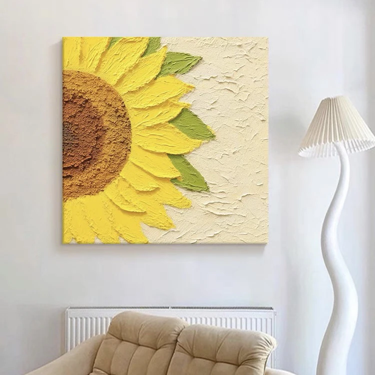 油画小哥纯手绘向日葵立体油画正方形花朵装饰画客厅卧室玄关画
