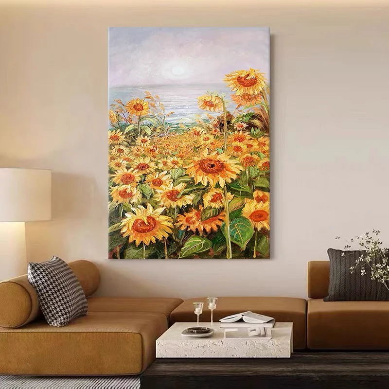 油画小哥纯手绘油画梵高向日葵治愈系客厅装饰画花卉玄关过道挂画