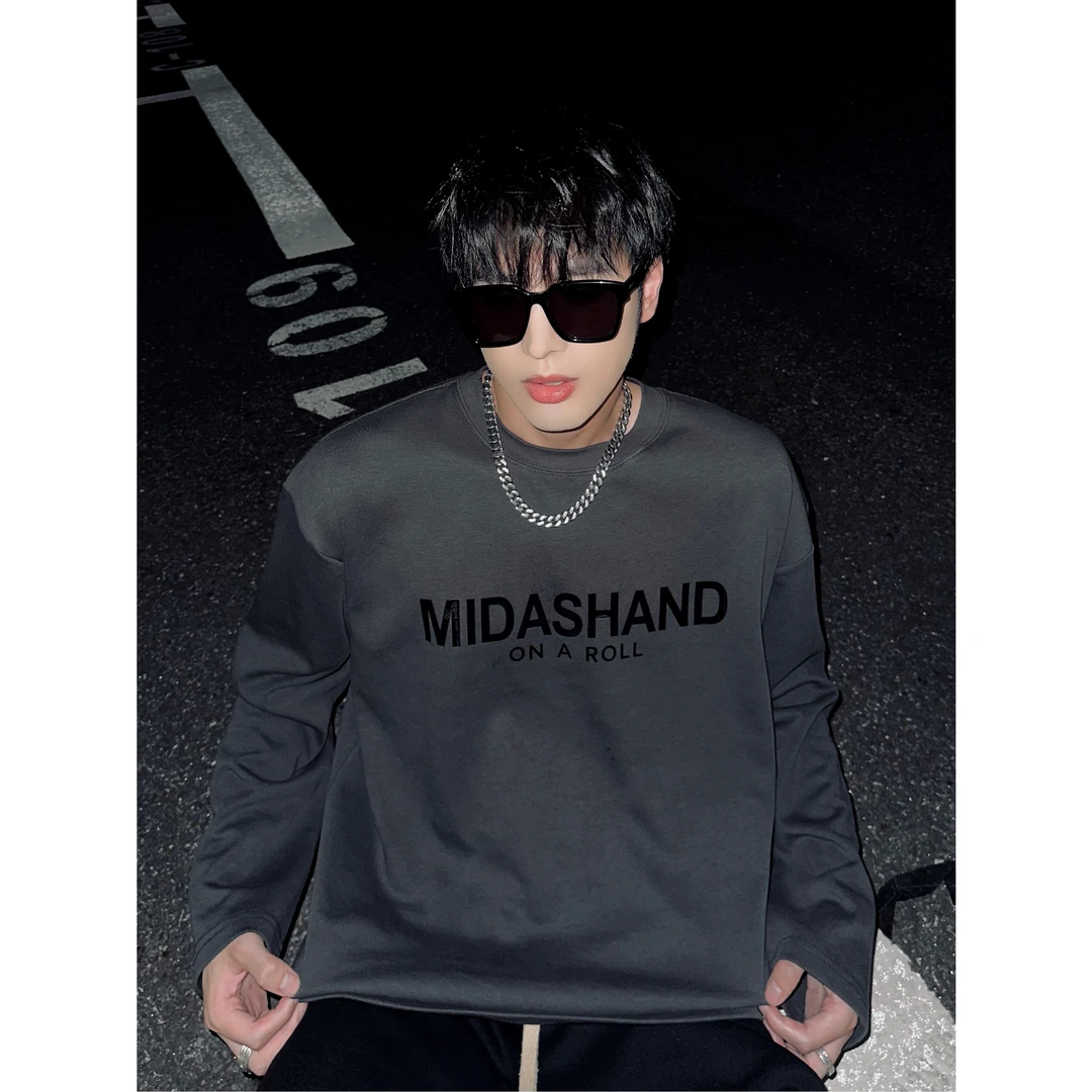 Midashand 秋冬高级感ins廓形长袖T恤男镜面印花圆领百搭宽松上衣