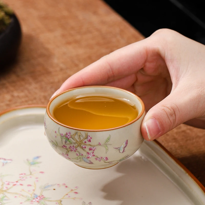 米黄汝窑粉桃禅定杯陶瓷功夫茶具开片可养主人单杯品茗杯个人茶杯